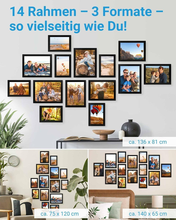 PHOTOLINI Schwarze Bilderrahmen Set verschiedene Grössen, Bilderwand Collage 14 Rahmen, Bilderrahmen
