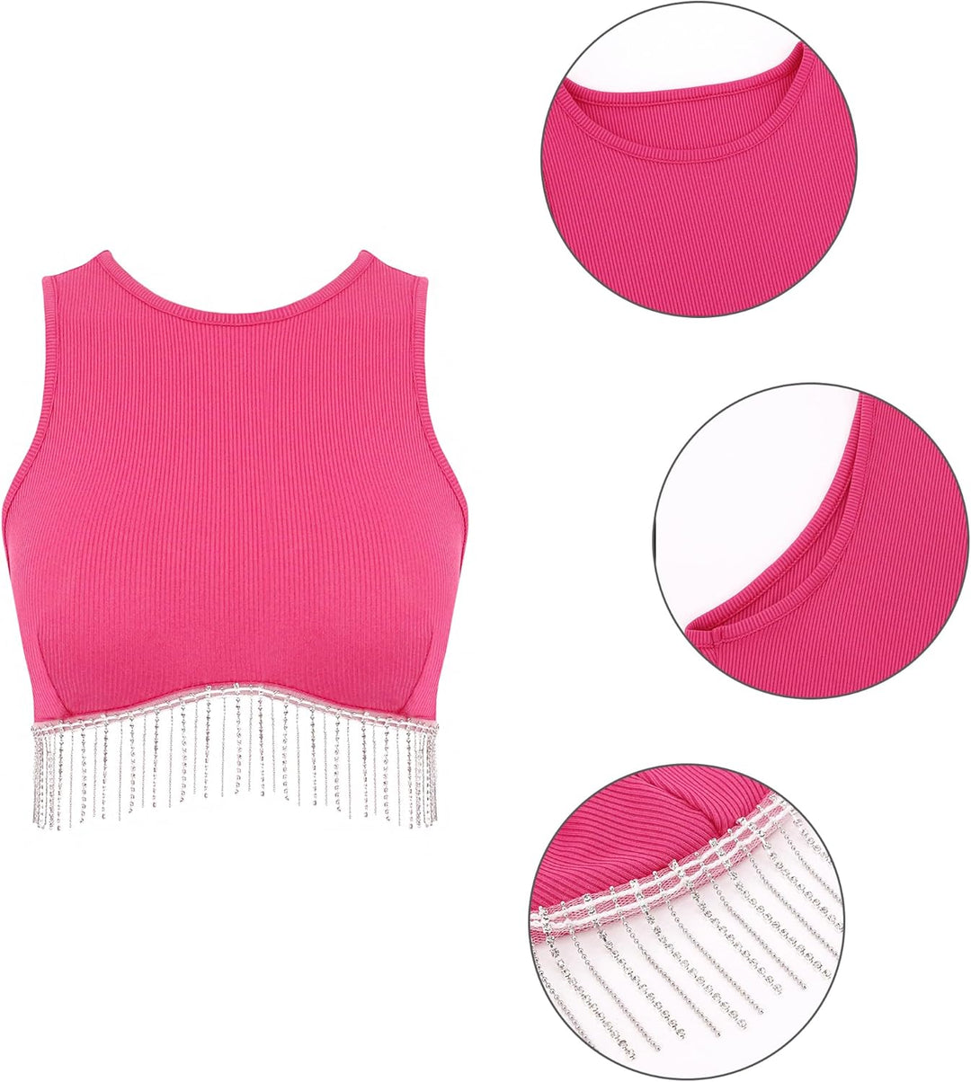 Niamo Damen Strass Quaste Crop Top Sexy Ärmellos Rundhals Tank Tops Weste Racerback Strick Cami Blou