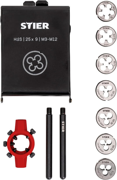 STIER Schneideisen-Satz HSS 25x9 M3-M12 8-tlg., Aussengewindeschneider in stabiler Kassette, ZAMAK-5