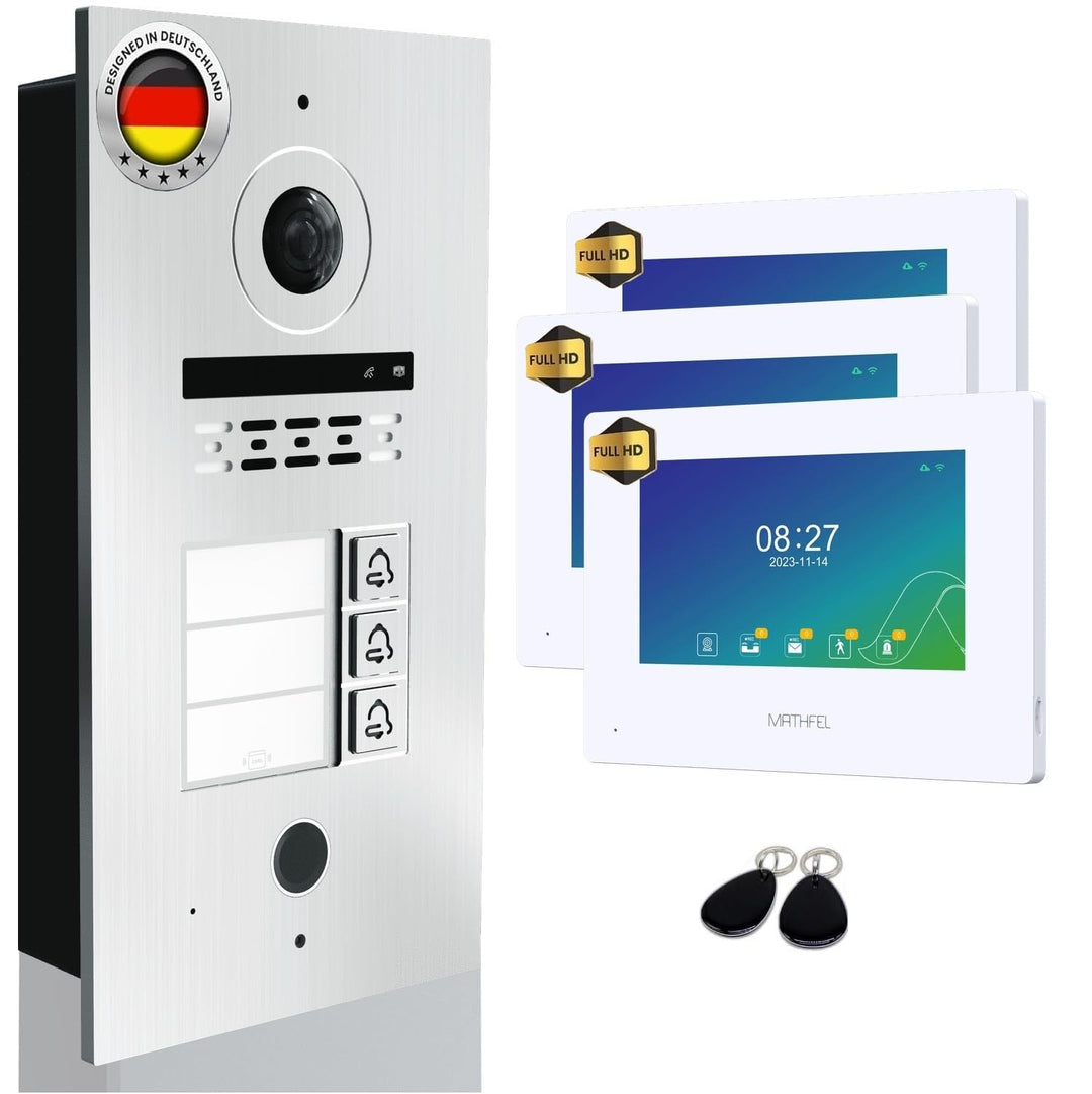 MATHFEL 2 Draht Video Fingerprint Türsprechanlage 3-Familienhaus Full HD 1080p mit 2 Jahren Garantie