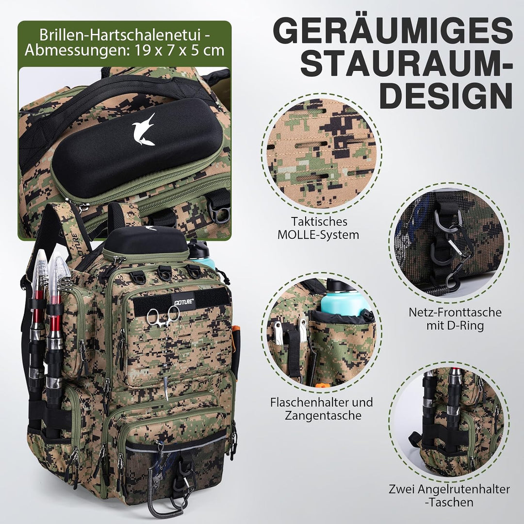 Goture Angelrucksack 45L, 4 Köderboxen, wasserdicht, Rutenhalter, Outdoor Dschungel-tarn 5