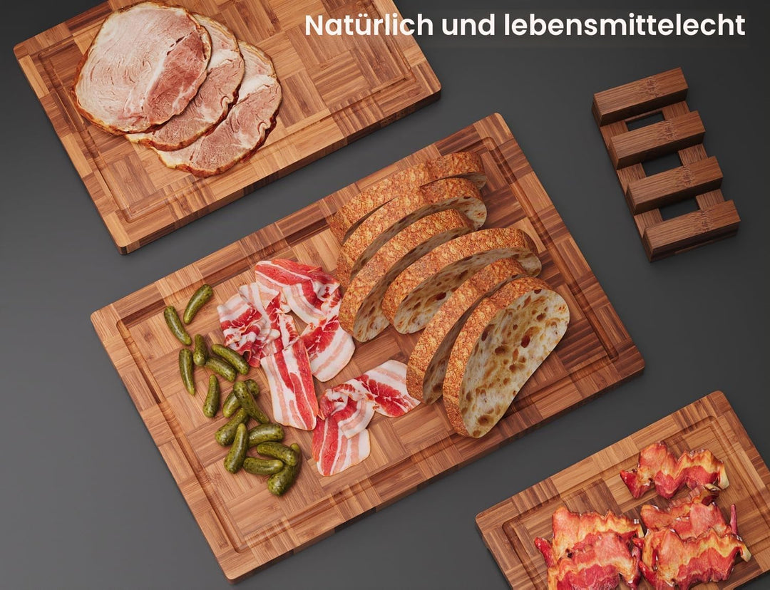 Fibogollo 3er Set Bambus Schneidebretter,2cm dicke Schneidebrett Küche mit Saftrille und Bracket,Bro