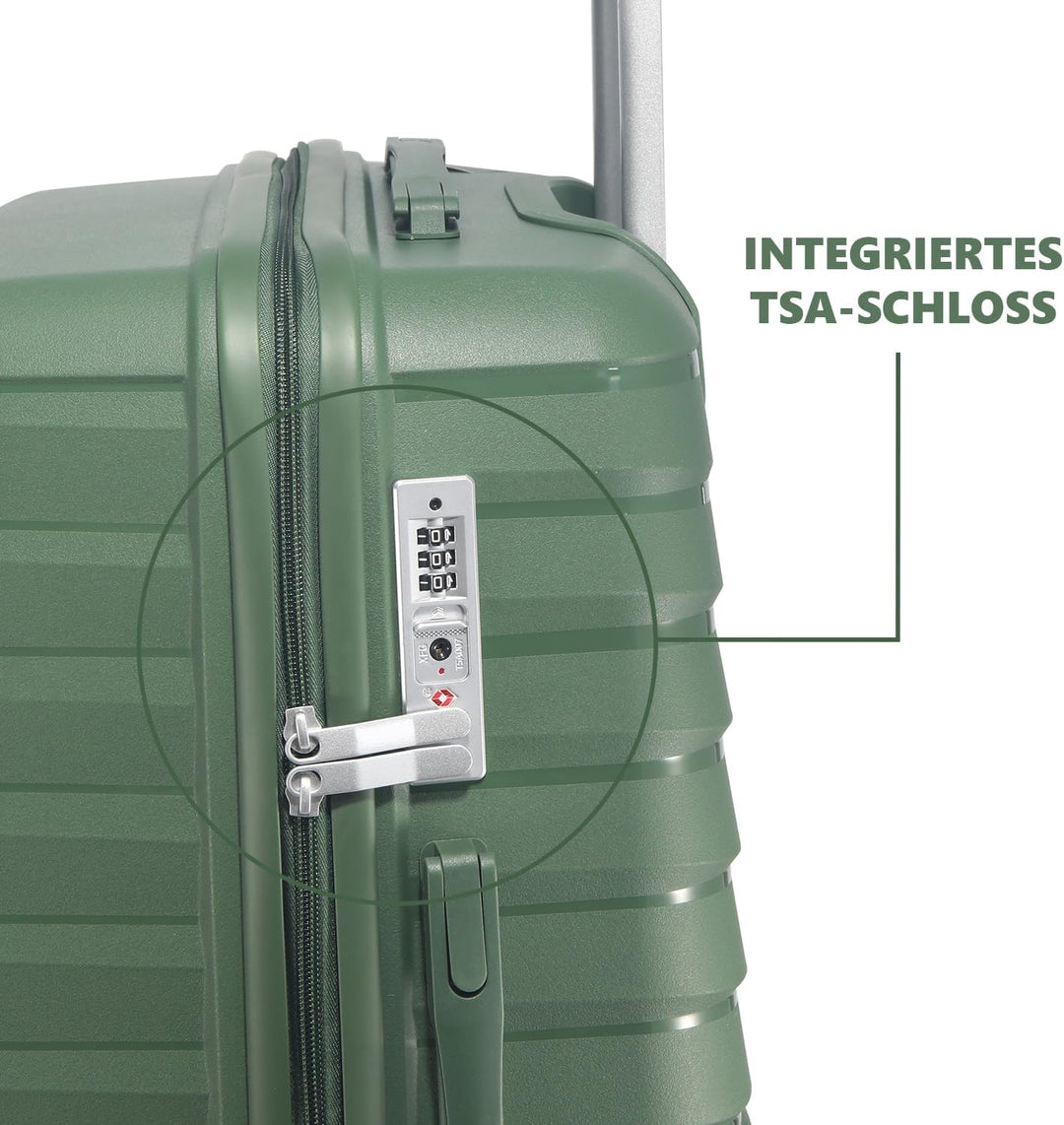 Hartschalen Kofferset 3-teilig aus Polypropylen, 55/66/74 cm (43L/65L/110L), Hochbelastbar, TSA Zahl