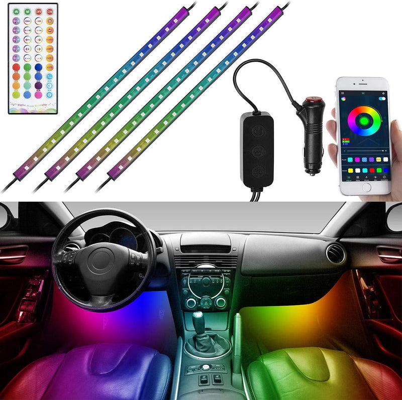 Lescars Auto LED: 4er-Set Kfz-LED-RGB-Streifen mit Fernbedienung, Bluetooth, App (Auto Innenbeleucht