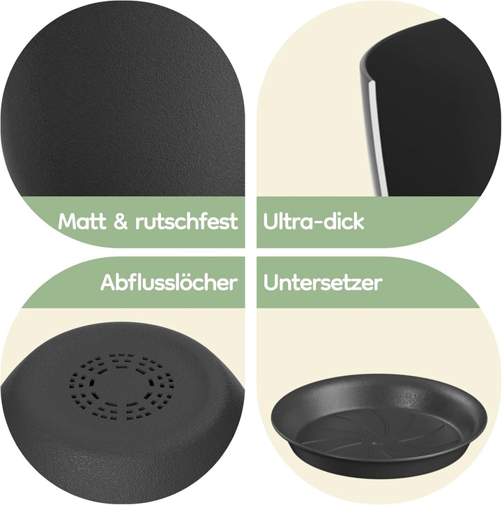 FIASON 25/23/20 cm Schwarz Blumentopf, Kunststoff-kräutertopf mit Drainagelöchern und Untertassen, E