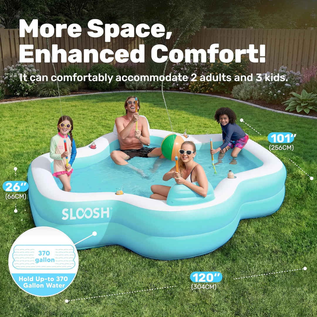 SLOOSH Aufblasbarer Swimmingpool mit Sitzen, 305 x 257 x 66 cm, überirdischer Familienpool mit Rücke