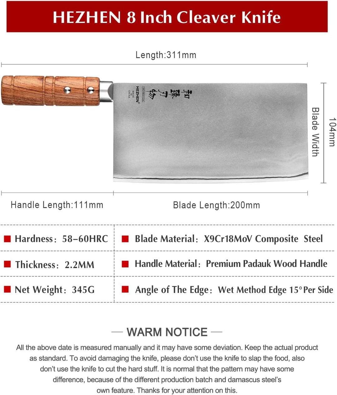 HEZHEN 20CM Hackmesser, 3 Schichten Verbundstahl Edelstahl Chinesisches Kochmesser, Küchenmesser Fle