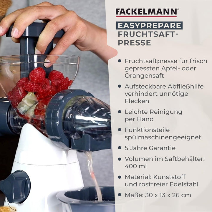 FACKELMANN Fruchtsaftpresse, Edelstahl, Weiss, Blau und Transparent, 30 x 13 x 26cm
