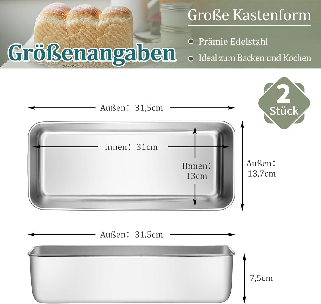 Onader Brotbackform 2er Set, 31cm Edelstahl Gross Kastenform Brotform, 7,5cm Tiefe Rechteckig Backfo