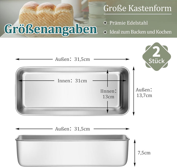 Onader Brotbackform 2er Set, 31cm Edelstahl Gross Kastenform Brotform, 7,5cm Tiefe Rechteckig Backfo