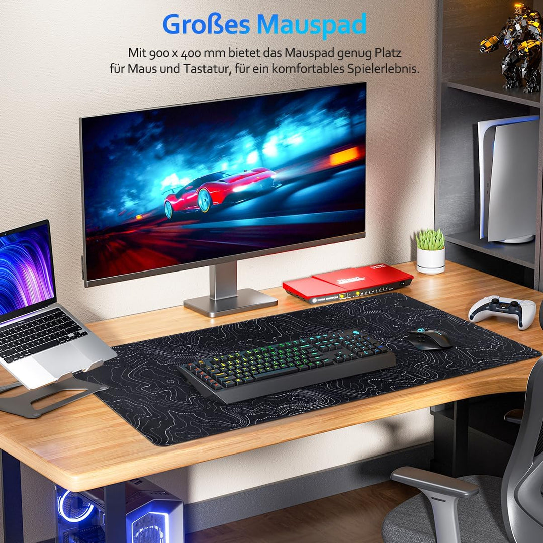 Zindoo Gaming Mauspad XXL 900 x 400 mm– Schwarzes Mousepad mit Konturen-Design – rutschfest, Langleb