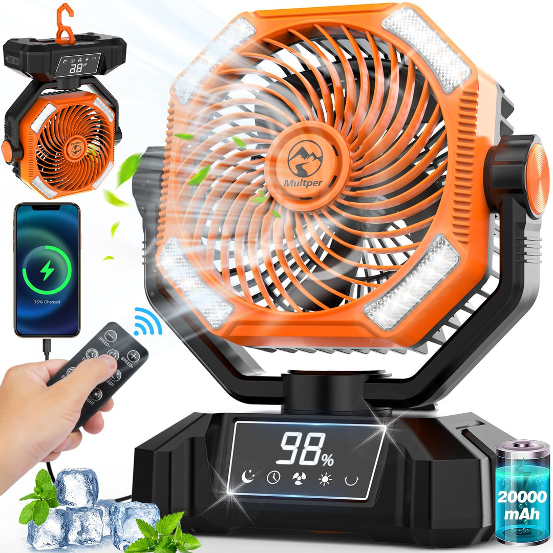 Multper Camping Ventilator mit LED-Licht, 20000mAh Wiederaufladbarer Outdoor Zelt Ventilator mit Hak
