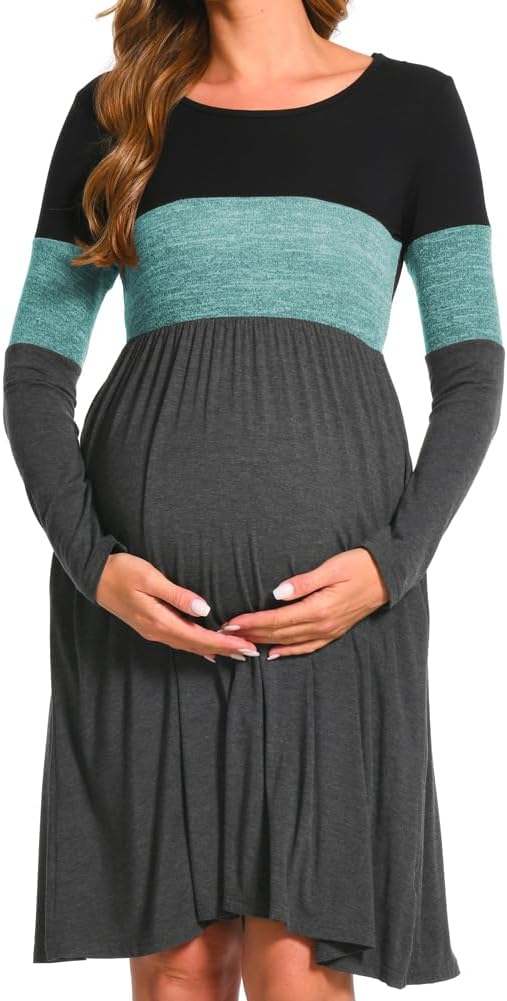 Bearsland Women’s Long Sleeve Maternity Dresses Patchwork Pregnancy Dress with Pocket M Grün, M Grün