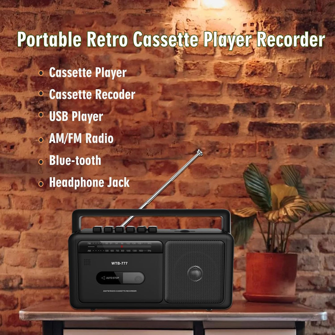 Tragbare Kassettenspieler Boombox,Vintage-AM/FM-Stereoradio mit Bluetooth, USB, Kopfhöreranschluss,