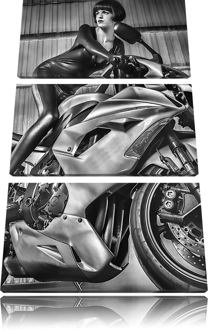 Pixxprint Sexy Neongrünes Bike mit Model 3Teiler 120x80 cm Leinwandbild Wandbild Kunstdruck