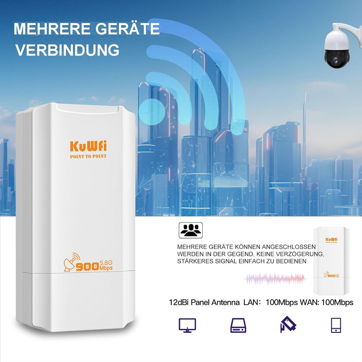 KuWFi Point to Point WLAN Bridge Outdoor, 5GHz, 867Mbps, PtP&PtMP, 2km Reichweite, PoE-betrieben, IP