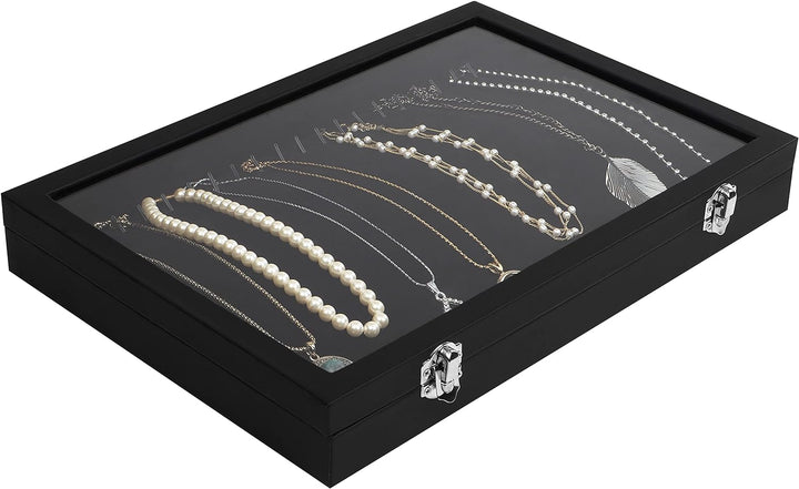 Kurtzy Jewelry Organizer Schmuckkasten Schwarz, Samt Box Glas Deckel Verschliessbar & 20 Haken (2Stk