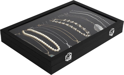 Kurtzy Jewelry Organizer Schmuckkasten Schwarz, Samt Box Glas Deckel Verschliessbar & 20 Haken (2Stk