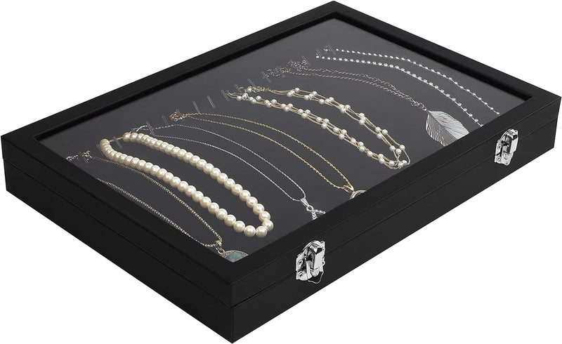 Kurtzy Jewelry Organizer Schmuckkasten Schwarz, Samt Box Glas Deckel Verschliessbar & 20 Haken (2Stk