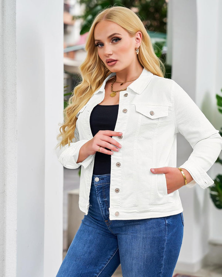 Roskiky Jeansjacken Damen Jean Stretchy Langarm Trucker Jacke mit Tasche L Weiss, L Weiss