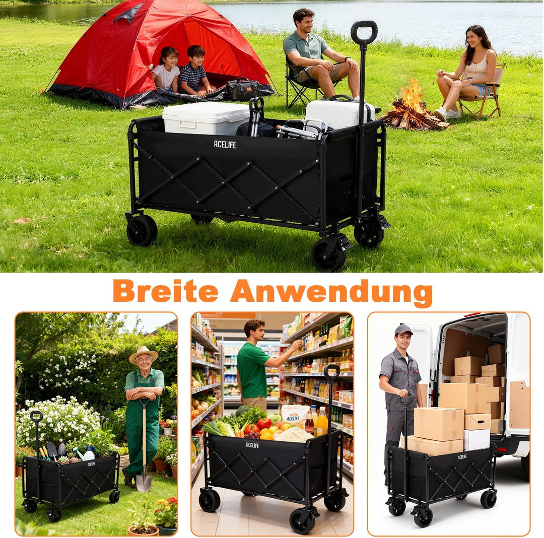 Bollerwagen Faltbar, Handwagen faltbar 150L Tragkraft 150KG mit verstellbarem Griff, Offroad-Rädern