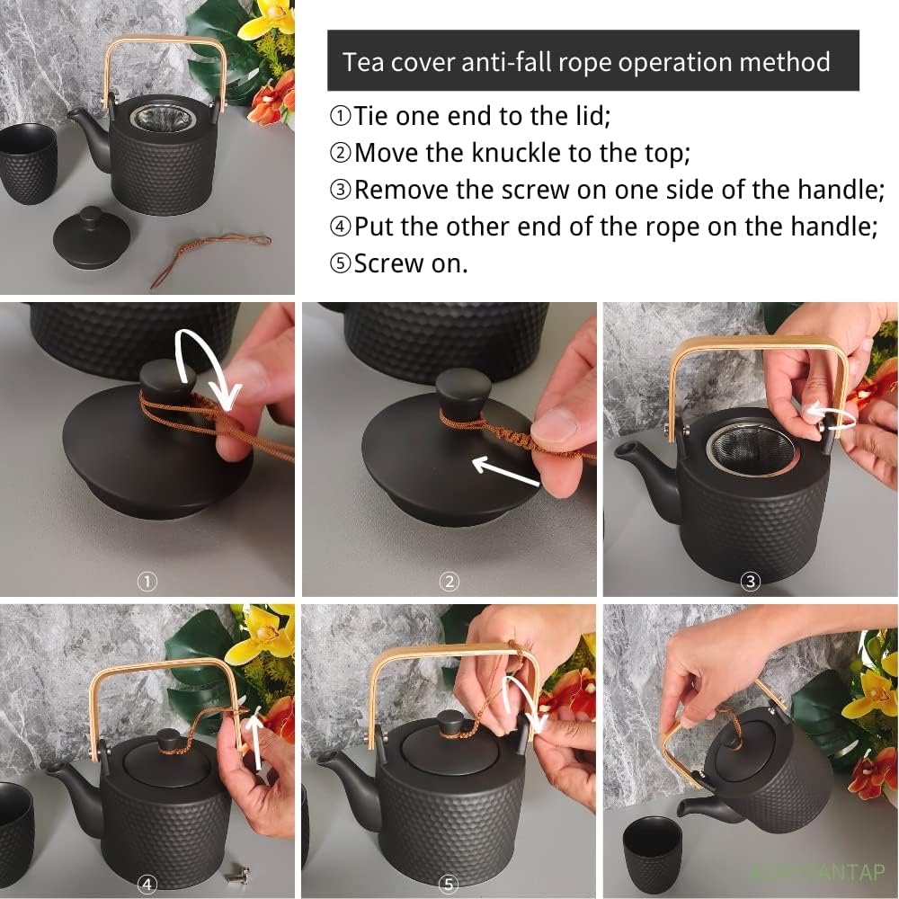 KOPYFANTAP Teekanne Keramik Schwarz, Porzellan Teekanne mit Sieb 900ml mit 4 Teetassen 180ml für Los