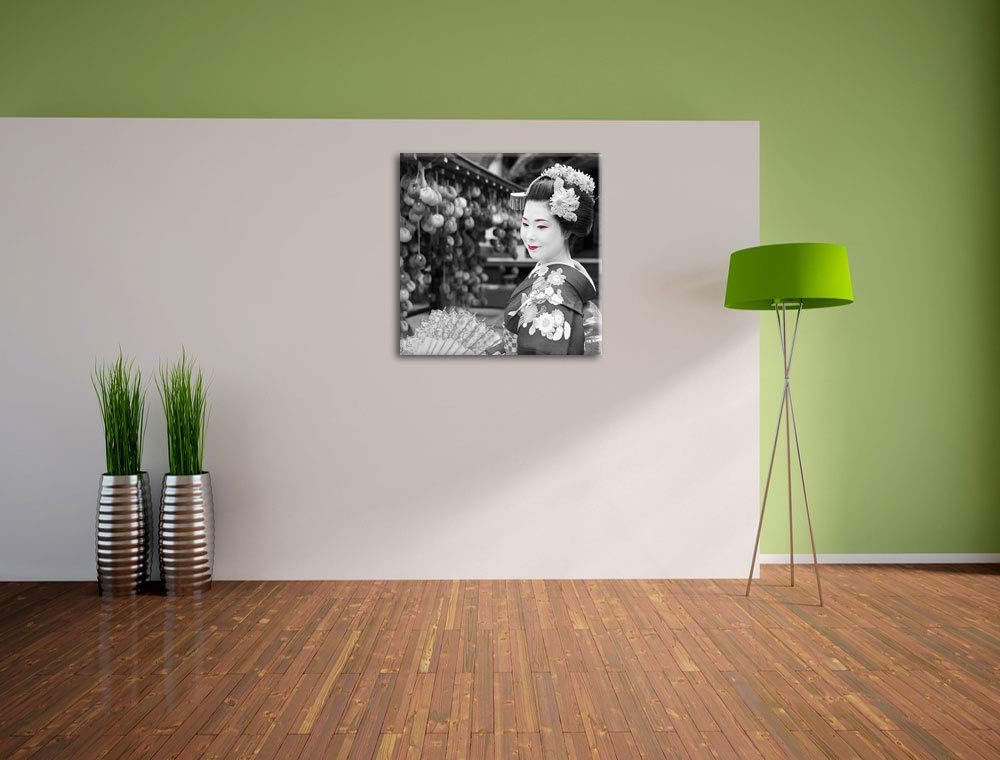 Pixxprint schöne Geisha mit Fächer als Leinwandbild/Grösse: 70x70 cm/Wandbild/Kunstdruck/fertig besp