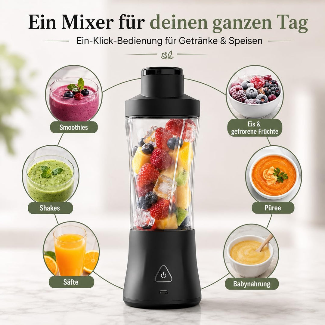 Tragbarer Mini Mixer mit Akku 6000 mAh, 240W Smoothie Maker, 650 ml To-Go Blender, 6 Edelstahlklinge
