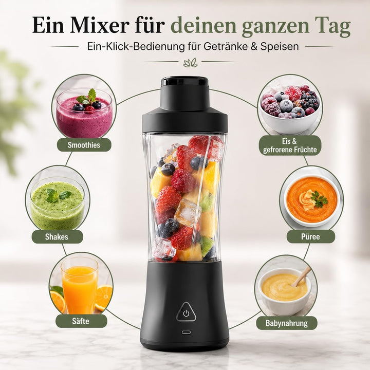 Tragbarer Mini Mixer mit Akku 6000 mAh, 240W Smoothie Maker, 650 ml To-Go Blender, 6 Edelstahlklinge