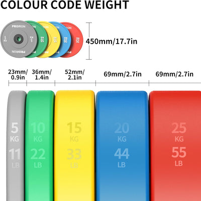 PROIRON Hantelscheiben, Olympic Bumper Plates 50mm, 5-25kg, Hartgummi, Hanteln Gewichtsscheiben nach