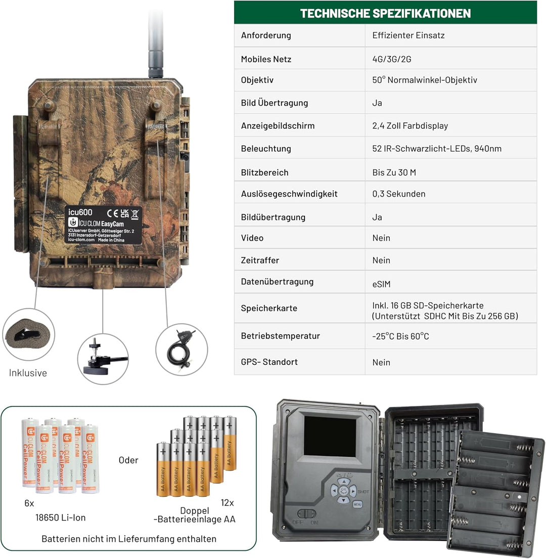 icuserver ICU CLOM EasyCam 50° Erfassungswinkel Winkel, ICU Wildkamera mit 16GB SD-Karte, 4G/LTE Int