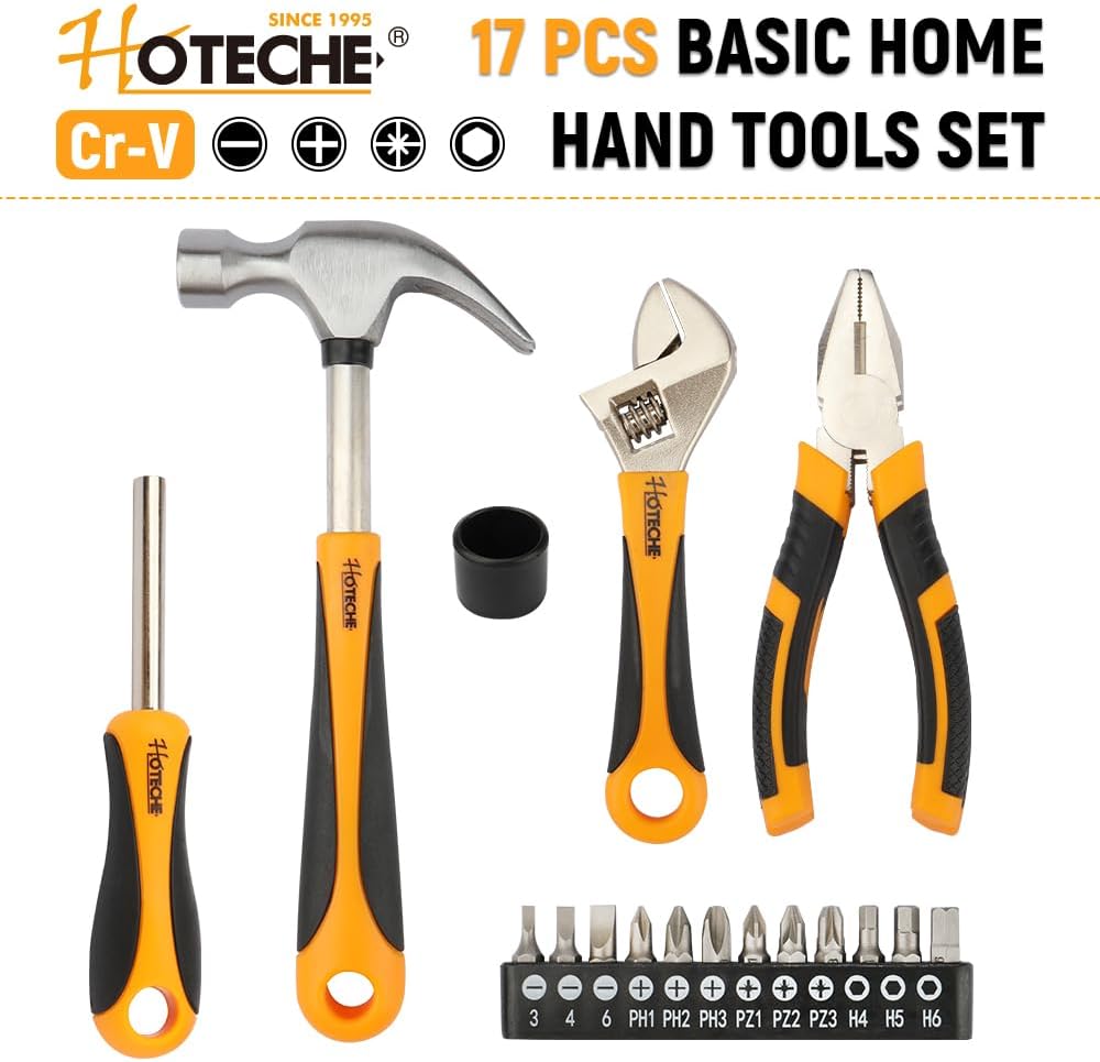 Handwerkzeug Set 17-teilig mit Hammer, Zange, Schraubendreher, verstellbarem Schraubenschlüssel, Bit