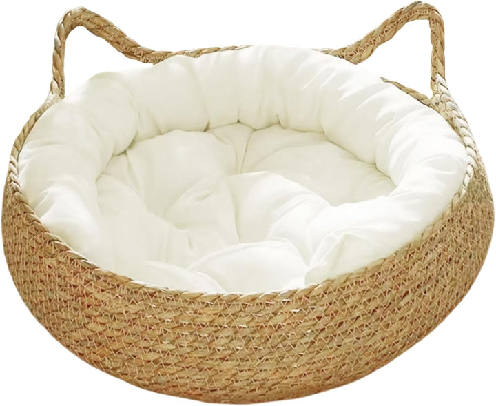 Gewebter Katzenbett, 15-Zoll-Strohhalm gewebte Katzenkörbe mit weichem Kissen, Kratzfeste runde Katz