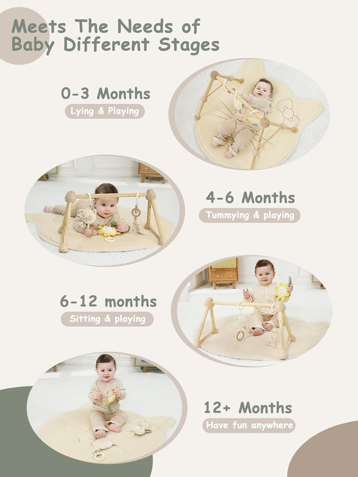 4 IN 1 Katze Spielbogen Baby, Spielmatte Babies mit Natur Holz Activity Spielbogen, 3 abnehmbaren Sp