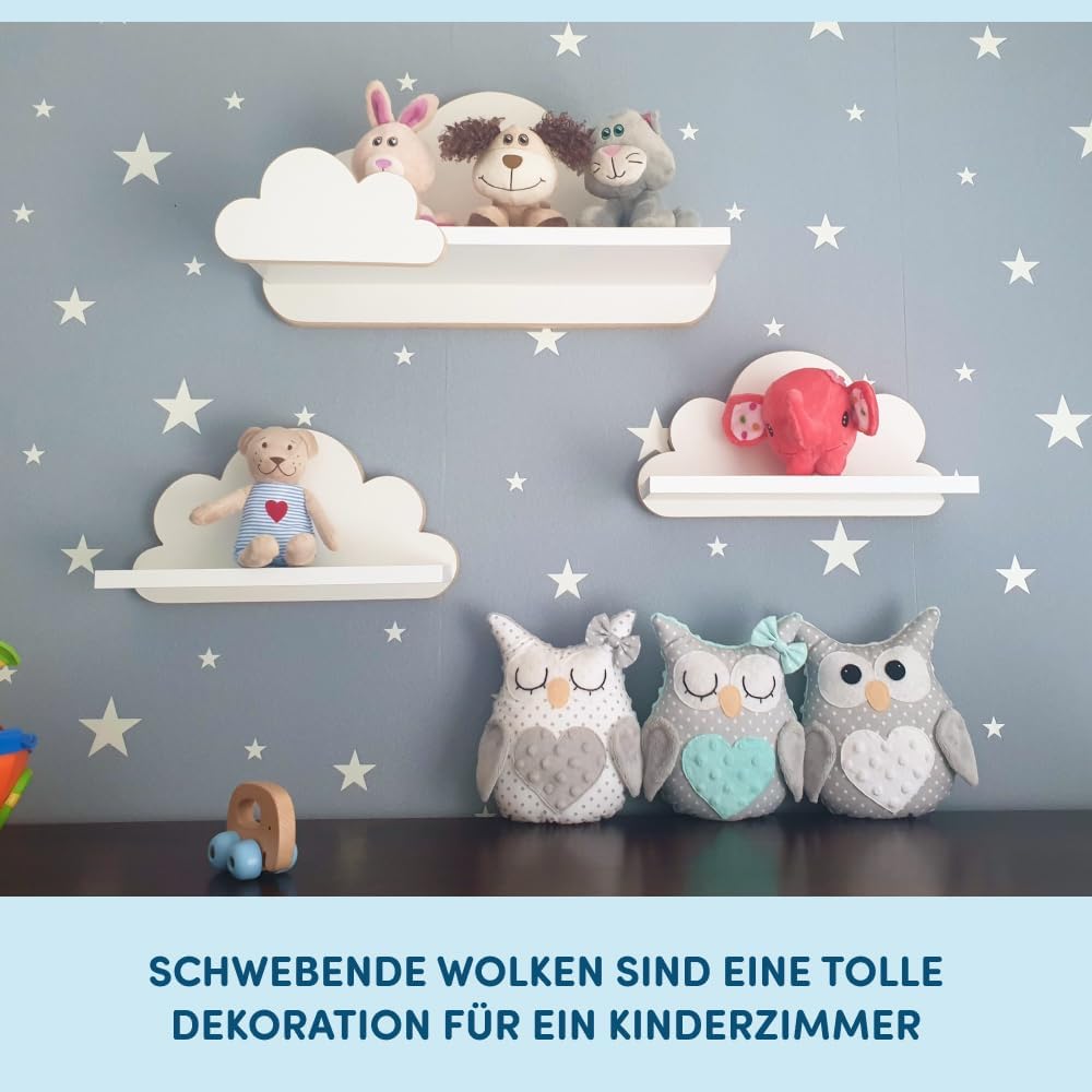 MOLILAND Wolkenregal Babyzimmer | Set mit 3 Stück | Wandregal für Kinderzimmer in Weiss | Regal Wolk