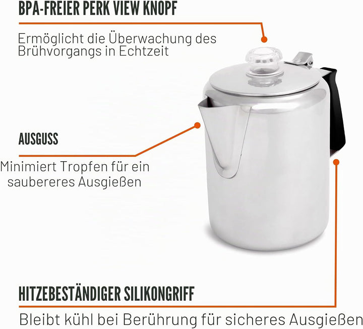 GSI Outdoors Glacier Kaffeekanne aus Edelstahl mit Silikongriff 9 Cup, 9 Cup