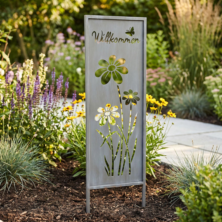 levandeo Gartenstecker Willkommen H83cm Stele Grau Betonoptik Gartenschild Schmetterling Garten-Deko