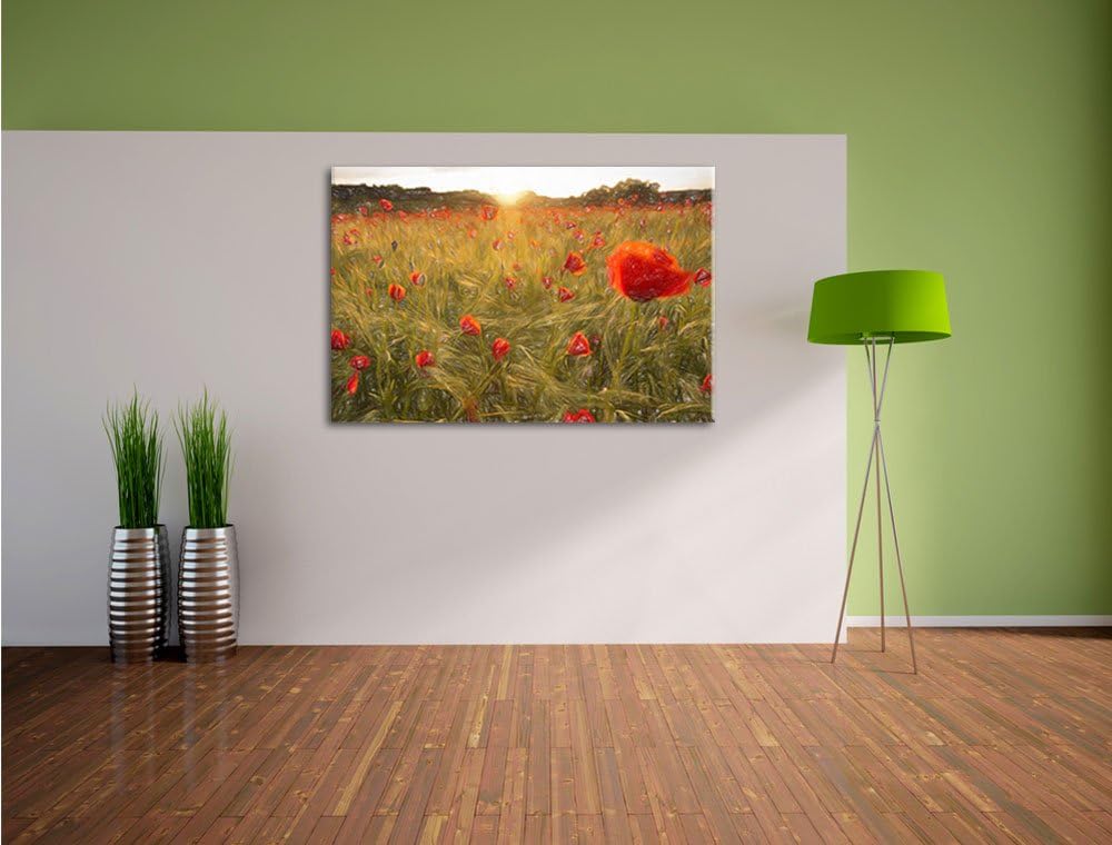 Pixxprint Traumhaftes Mohnfeld bei Sonnenuntergang Bunstift Effekt, Format: 100x70 auf Leinwand, 100