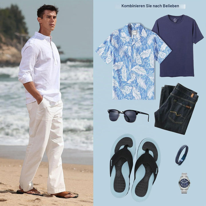 WateLves Herren Flip Flops Zehentrenner Leder mit Arch Support Sandalen Weich Leder Stoff Badelatsch