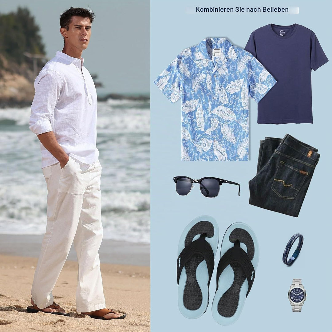 WateLves Herren Flip Flops Zehentrenner Leder mit Arch Support Sandalen Weich Leder Stoff Badelatsch