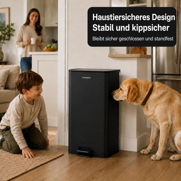 EverGrove 50L Treteimer aus Edelstahl mit Deckel, Soft-Close, Stay-Open Funktion, herausnehmbarer In