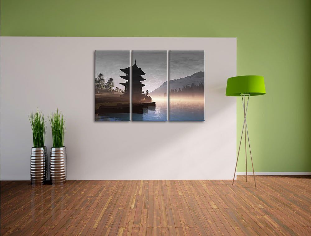 Pixxprint Chinesisches Haus B&W Detail 3-Teiler Leinwandbild 120x80 Bild auf Leinwand
