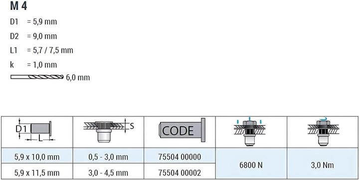 GOEBEL® - 250 x Blindnietmuttern Nietmuttern M4 Stahl verzinkt (Ø x L) 5,9 x 10,0 mm Blindmuttern Fl