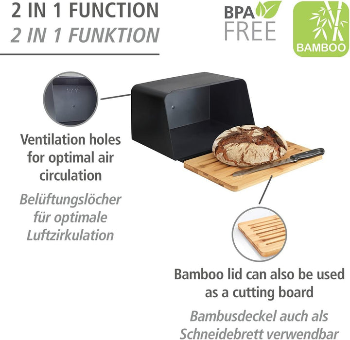 WENKO Brotkasten mit Bambusbrett Mod. Kubo, Brotaufbewahrung mit Deckel & integriertem Schneidebrett