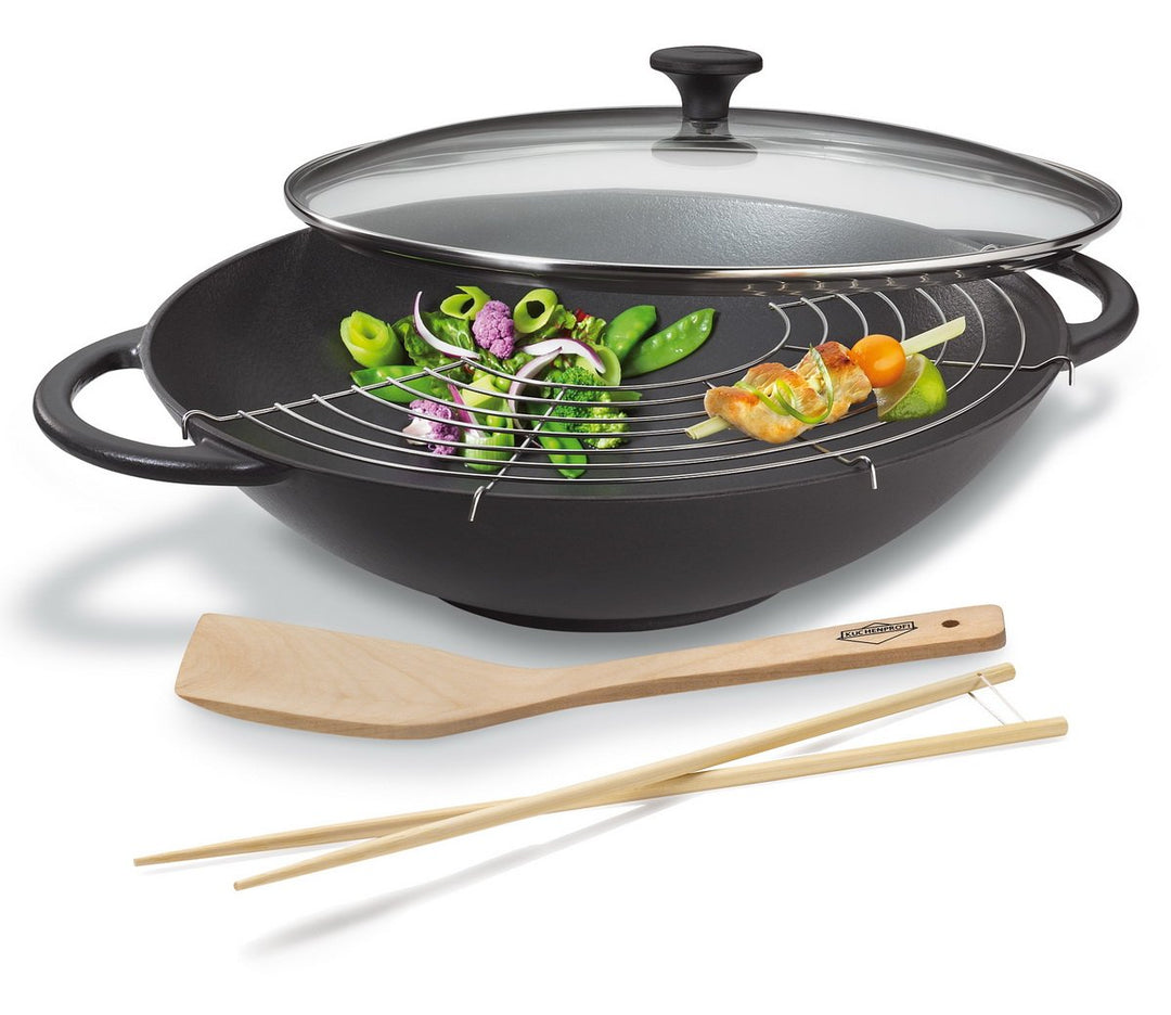 Küchenprofi Wok-Set Gusseisen mit Glasdeckel , Ø 36,5 cm , Authentisches asiatisches Kocherlebnis ,