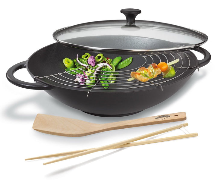 Küchenprofi Wok-Set Gusseisen mit Glasdeckel , Ø 36,5 cm , Authentisches asiatisches Kocherlebnis ,