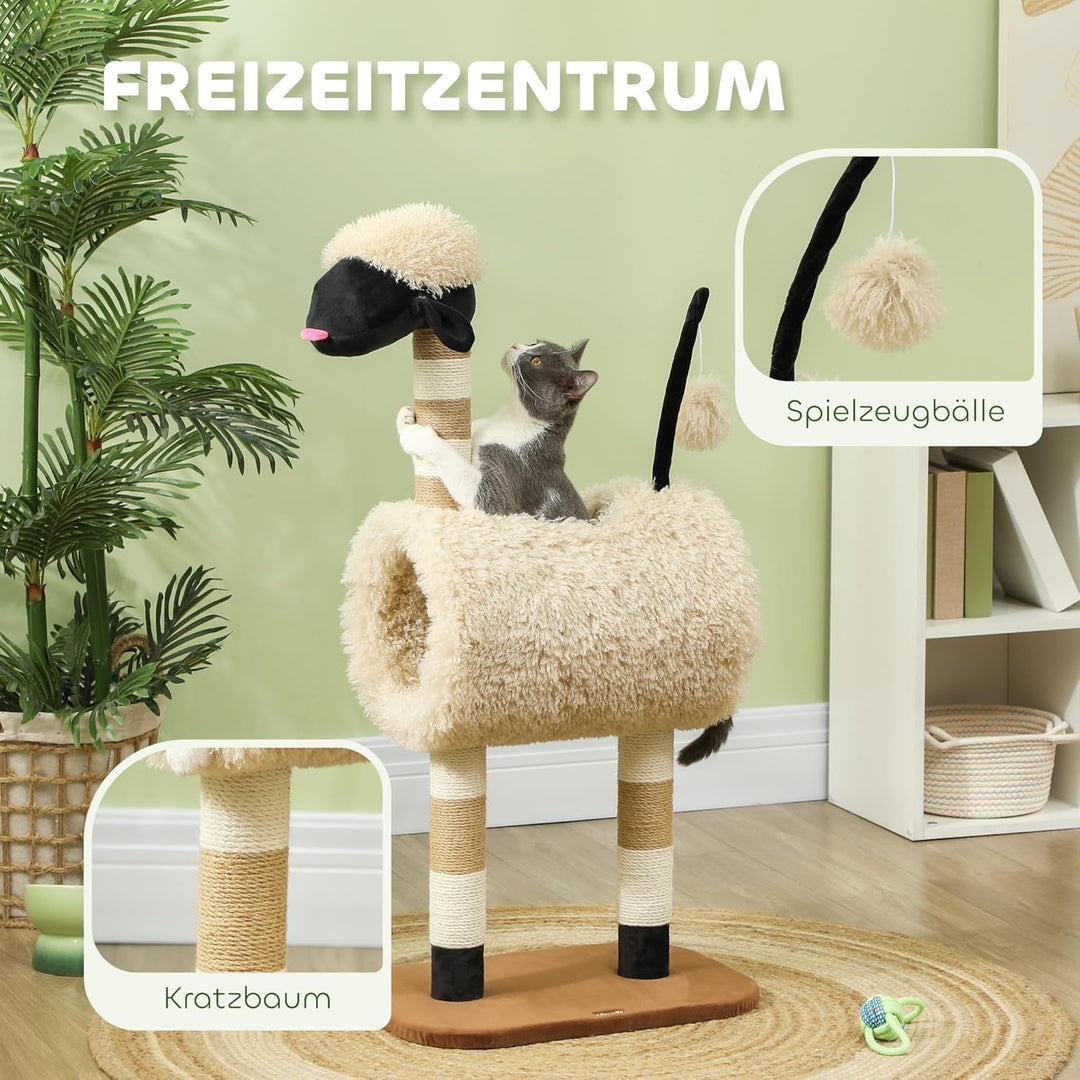 PawHut Kratzbaum 98 cm Katzenturm im Schaf-Design mit Kratzpfosten, Tunnel, Spielball, mehrstöckiger