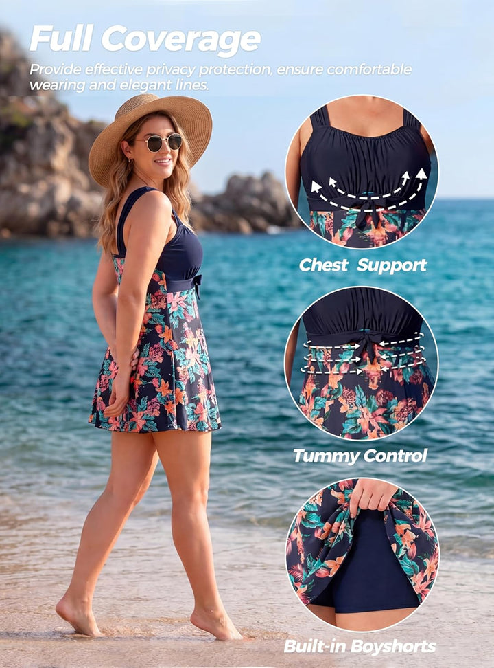 Wantdo Damen Badeanzüge Sommer Bauchweg Tankini Bademode mit Bügel Badekleid Einteiler Schlanke Stra
