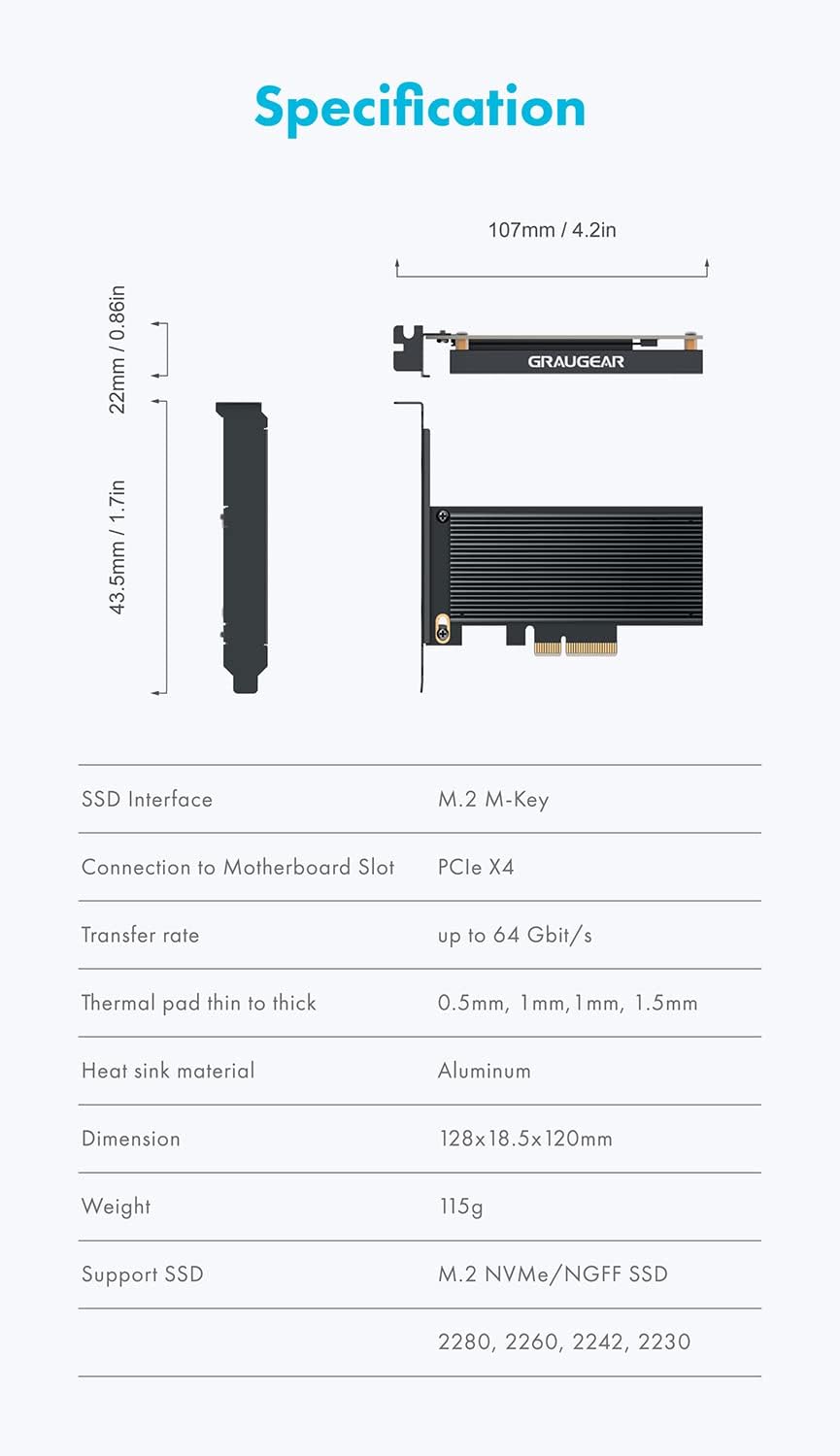 GRAUGEAR M.2 PCIe 4.0 Adapter-Karte für NVMe SSD, M-Key, grosser Aluminium-Kühlkörper, Unterstützt 2