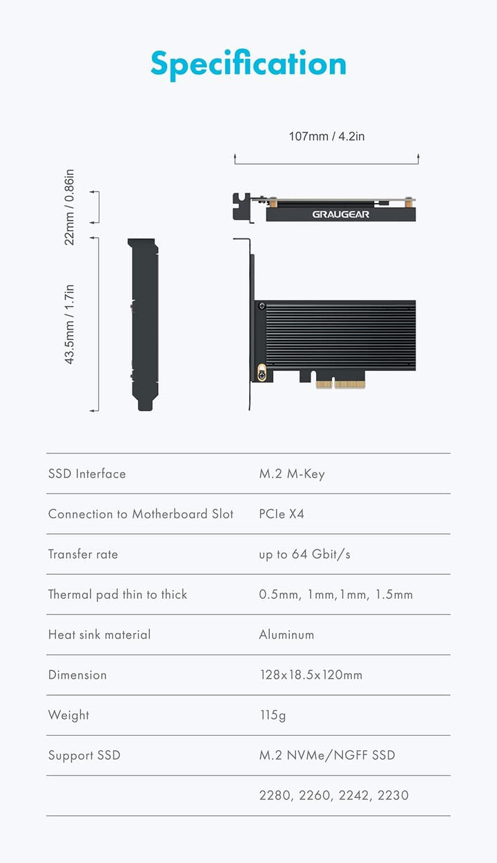GRAUGEAR M.2 PCIe 4.0 Adapter-Karte für NVMe SSD, M-Key, grosser Aluminium-Kühlkörper, Unterstützt 2